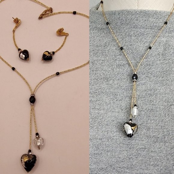 Vintage Gold Tone Clear Navy Clear Glass Beads Heart Necklace Earring Set - Picture 1 of 14
